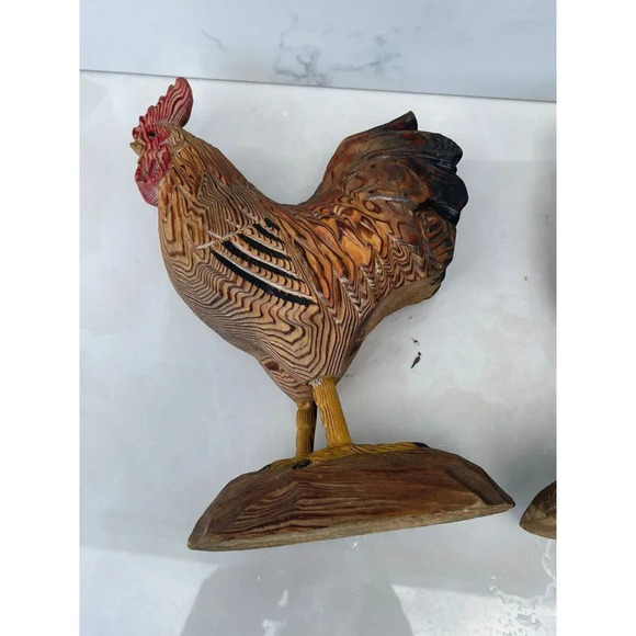 Decoration Antique Two Wooden Carved Rooster Brown Sz 10"x7" - Picture 5 of 11